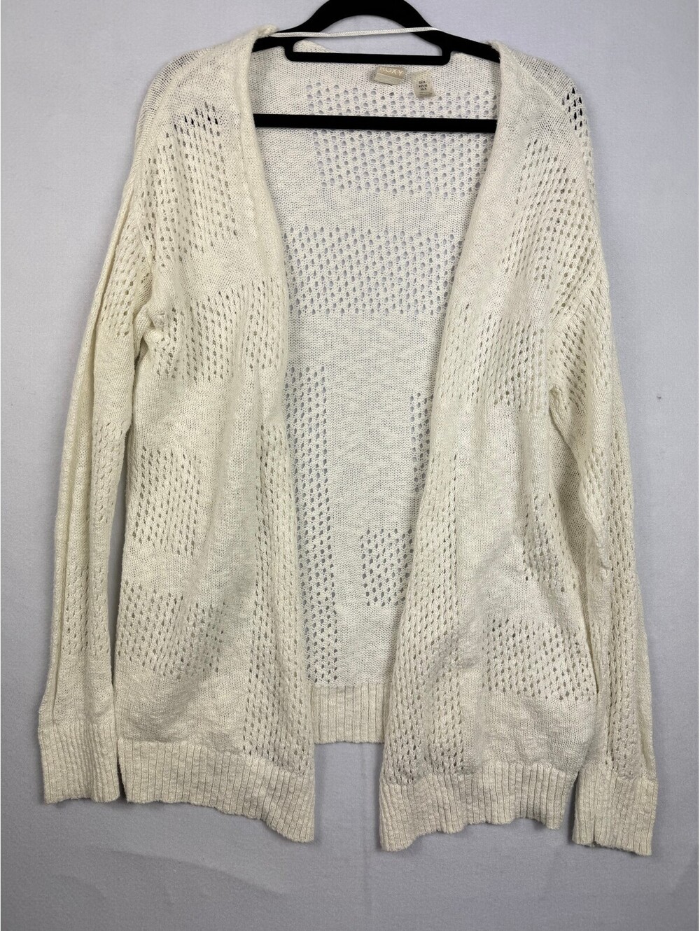 Roxy Womens Cardigan Sz M Cream Open Knit Crochet Sweater Open Front Boho